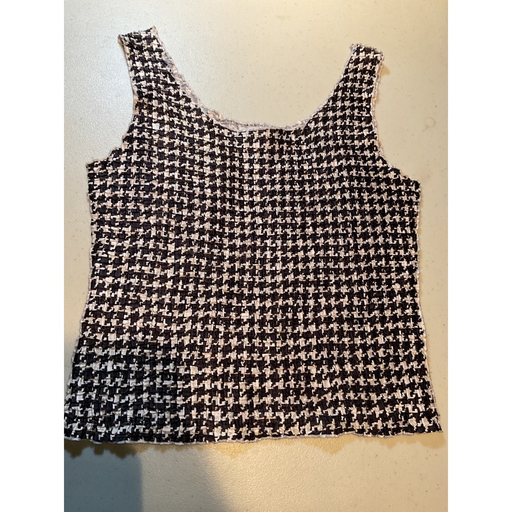 T.W.T. Womens Large Black White Houndstooth Popcorn Knit Stretch Tank Top USA